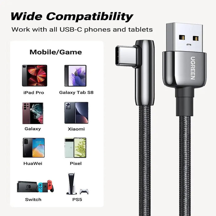 UGREEN USB A 2.0 to USB C Cable 1M Right Angle 90 Degree Braided Zinc Alloy Samsung Galaxy S10 S9 Note 9 Switch (70413)