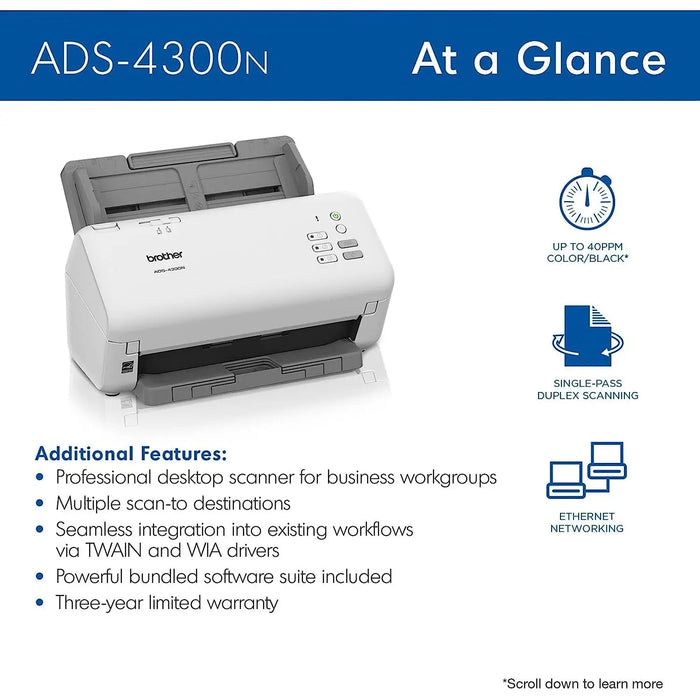 Brother ADS-4300N Professional Network Scanner With Fast Scan Speeds, Duplex(Grey) Brother