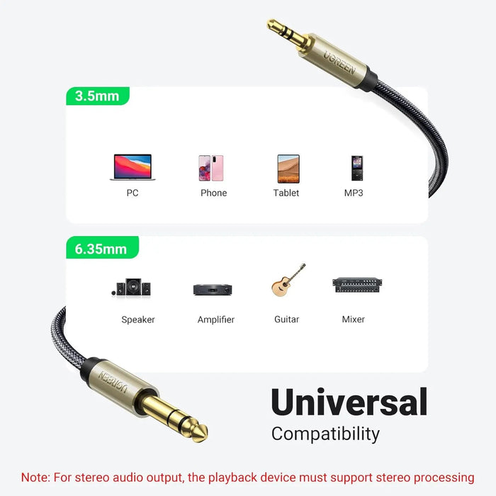 UGREEN 3.5mm to 6.35mm Audio Cable 1M Male TRS Instrument Cable 24K Gold Plated Professional Audio Equipment 10625