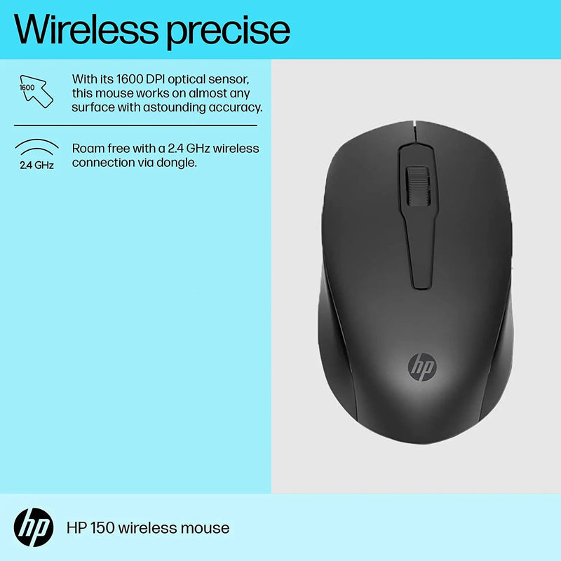 HP 150 2.4GHz Wireless USB Optical Mouse 1600Dpi 12M Of Battery Life 3Y Warranty-Black(Open Box) HP