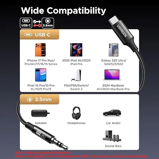 UGREEN 10ft USB-C to 3.5 mm Hi-Res Audio Adapter Cable – 32-Bit / 384 kHz, Long Length for Phones, Tablets & Laptops (65102) TeckPot