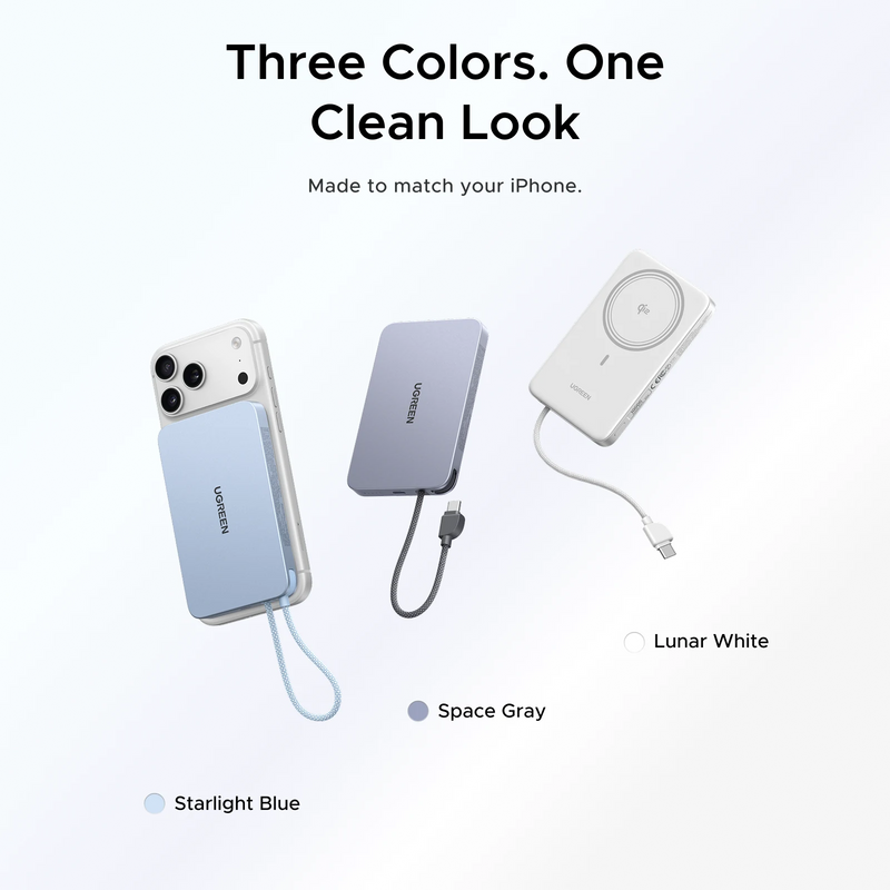 UGREEN MagFlow Air 65839B 10000mAh Qi2 magnetic power bank, starlight blue, three colours, one clean look