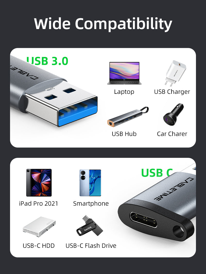 CABLETIME USB-A Male to USB-C Female OTG Adapter with Lanyard, 5Gbps