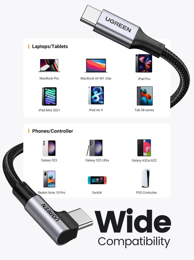 UGREEN 1M USB-C to USB-C Angled Cable 100W Fast Charging 5A PD Nylon Braided MacBook Pro iPad Pro Galaxy S21 70643 Ugreen