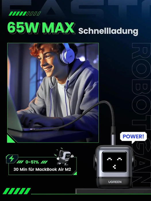 UGREEN Nexode RobotGaN 65W USB C Charger GaN Fast Wall Charger 3 Port 2x USB C 1x USB A iPhone 15 MacBook Galaxy (25685B) Ugreen