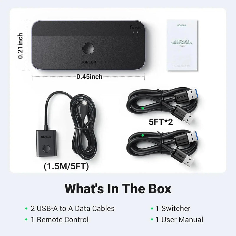 UGREEN USB 3.0 Switch 2 Computer Sharing USB C A Device 4 Port Switcher Keyboard Mouse Printer 2 USB3.0 Cable Remote (15705) Ugreen