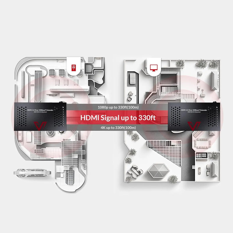 AV Access 4KEX100-H2 HDBaseT HDMI Extender Over Cat5e/6/6a/7 Ethernet up to 330ft/100m 4K@60Hz, Supports HDCP2.2, HDMI2.0, Bi-Directional IR and RS232 Pass-Through, Auto EDID, PoE, CEC, Dolby Vision TeckPot