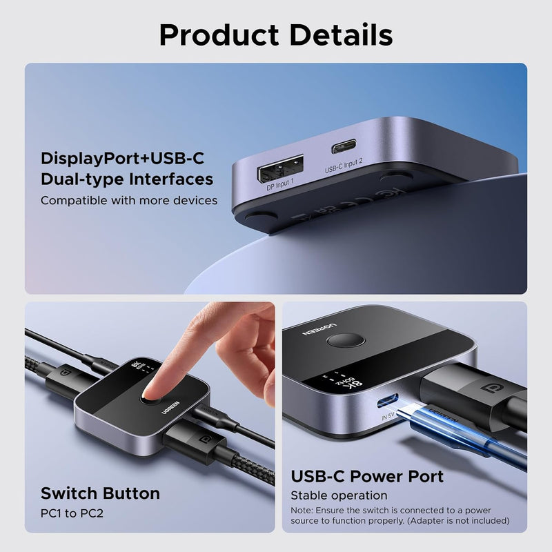 UGREEN 65878 DP and USB-C to DisplayPort switch, 8K60, product details