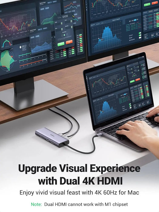 UGREEN 9-in-1 Dual HDMI USB-C Dock USB 2.0 2 USB 3.0 RJ45 1000M USB C PD 60W 2 HDMI 4K 60Hz SD/TF MacBook Dell XPS (90119) Ugreen