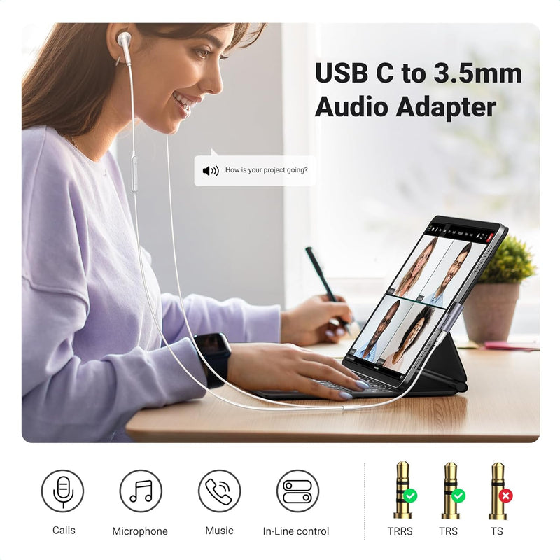 UGREEN 20194 right-angle USB-C to 3.5mm adapter USB-C to 3.5mm audio adapter used with a tablet