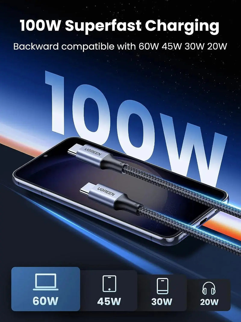 UGREEN USB-C to USB-C Cable 1M 100W PD Aluminum Case MacBook Pro Huawei Matebook iPad Pro Chromebook Samsung Note (70427) Ugreen