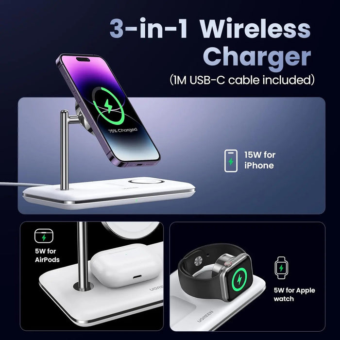 UGREEN 3-in-1 MagSafe Wireless Charging Station 25W Fast Magnetic Charger iPhone 15/14/13/12 AirPods Apple Watch Foldable White 90326