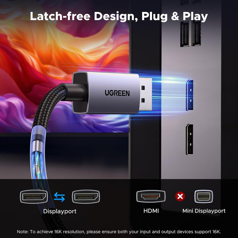 UGREEN 55568 2m DisplayPort 2.1 cable, 16K60 80Gbps, latch-free design, plug and play
