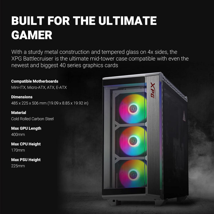 XPG Battle Cruiser PC Case with 4*ARGB Combo Controller Fans and 4-Side Tempered Glass Panels (White)