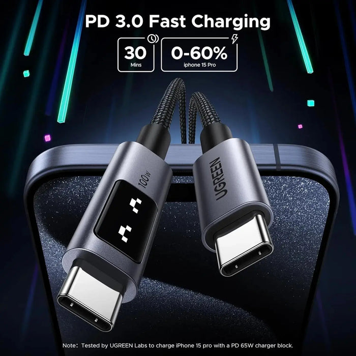UGREEN Uno USB C to USB C Cable 1M 3.3ft 100W Fast Charging LED Display iPhone 16 Pro Max 15 MacBook iPad Galaxy (35501) Ugreen