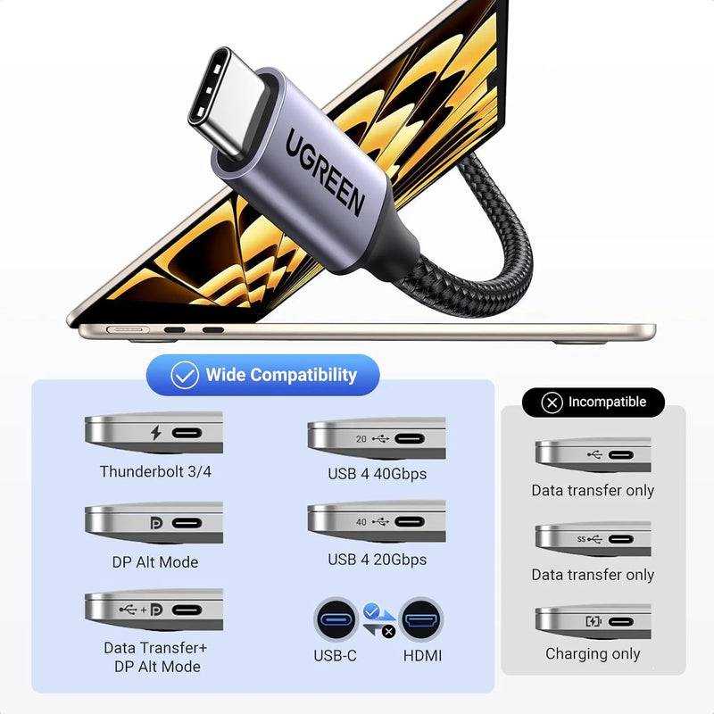UGREEN 1M USB C to HDMI 2.1 Cable 8K@60Hz 4K@240/144/120Hz Type C Thunderbolt 4 HDMI HDR Lead Compatible with MacBook iMac Mac Mini iPad Pro iPhone 17 16 Galaxy Tab 10 S25 Surface XPS Pixel 10(35596) TeckPot
