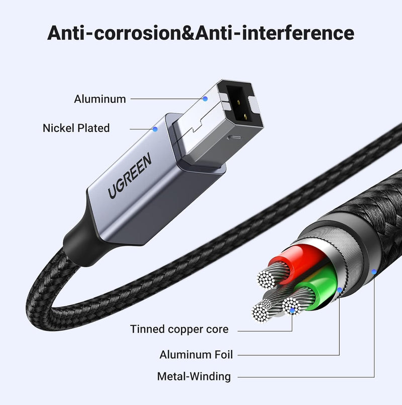UGREEN US370 80805 1m braided USB-C to USB-B printer cable anti-corrosion and anti-interference