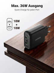UGREEN 36W 2-Port USB Charger QC 3.0 Fast Charging Galaxy S10 S9 S8 A51 A50 Sony Xperia Redmi Note8 Huawei P30 (10216) Ugreen