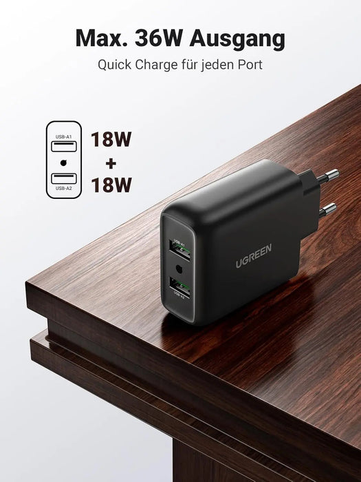 UGREEN 36W 2-Port USB Charger QC 3.0 Fast Charging Galaxy S10 S9 S8 A51 A50 Sony Xperia Redmi Note8 Huawei P30 (10216)