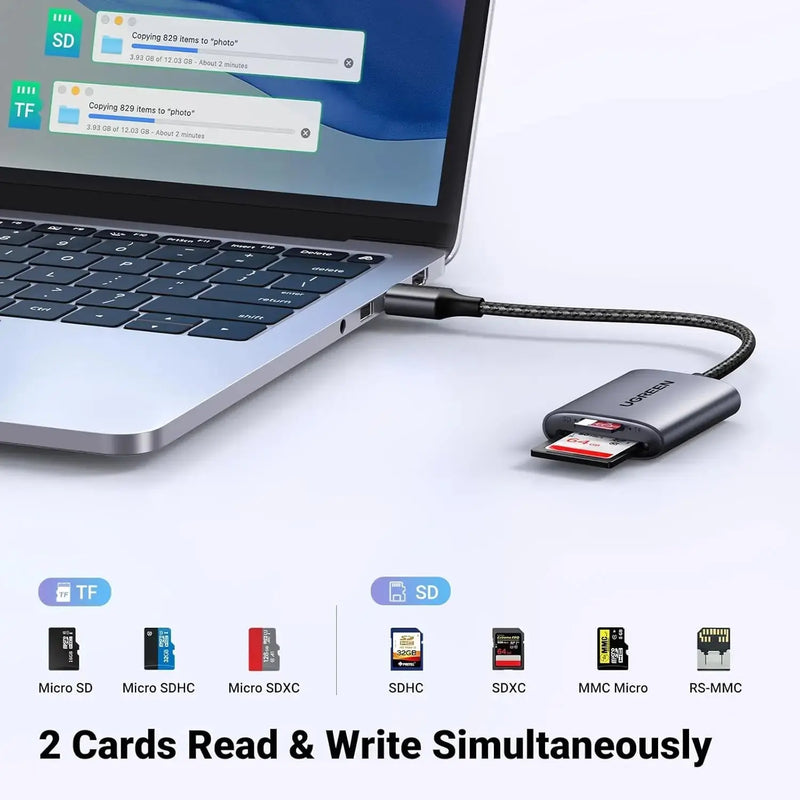 UGREEN USB 3.0 Card Reader 2-in-1 SD TF Micro SD SDHC SDXC MMC Aluminum Case Memory Card Reader PC Laptop 80887 Ugreen