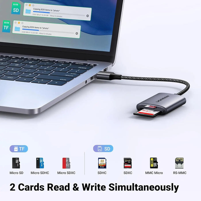 UGREEN USB 3.0 Card Reader 2-in-1 SD TF Micro SD SDHC SDXC MMC Aluminum Case Memory Card Reader PC Laptop 80887