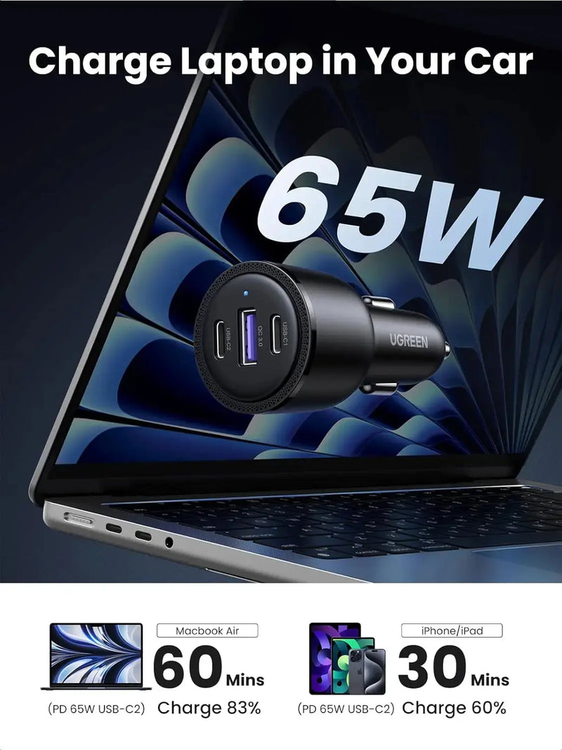 UGREEN 69W USB-C Car Charger 3-Port Fast Charging PD 45W 20W QC 18W iPhone 13 12 11 iPad MacBook Galaxy Pixel 20467 Ugreen