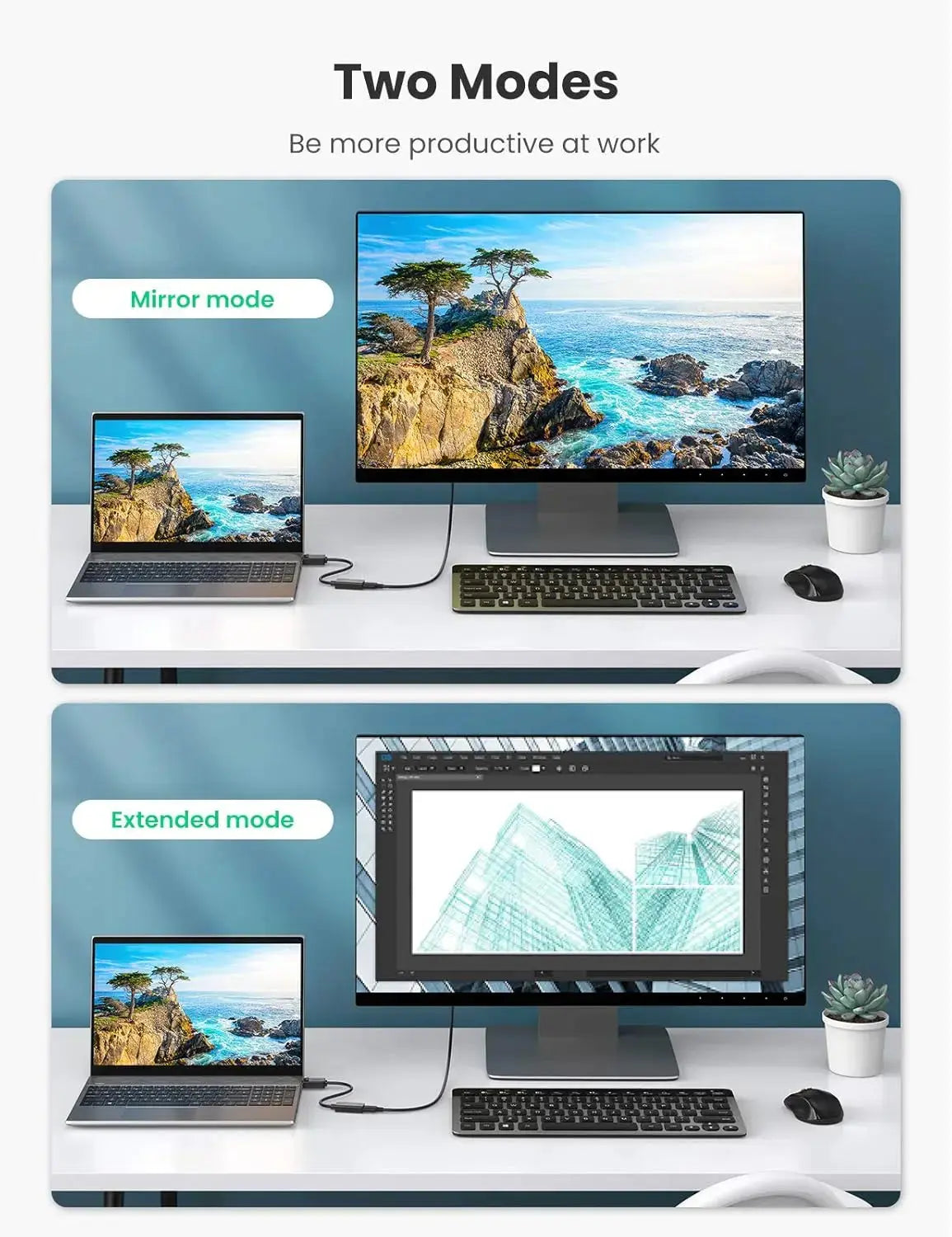 UGREEN DisplayPort to HDMI adapter supporting mirror and extended desktop display modes