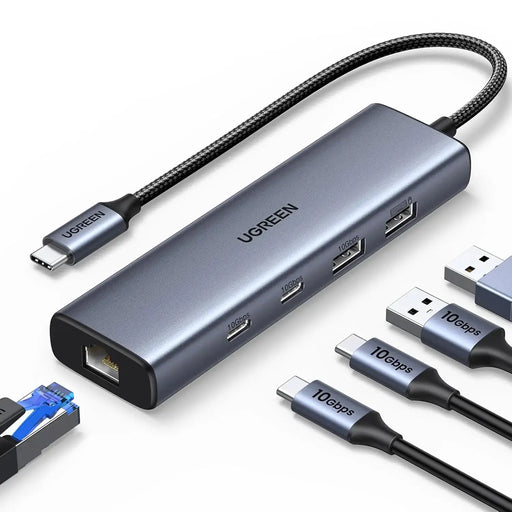 UGREEN USB C Ethernet Adapter 10Gbps 5-in-1 Hub 2 USB-C 3.2 USB-A Gigabit RJ45 Thunderbolt MacBook XPS iPad Pro (45320) Ugreen