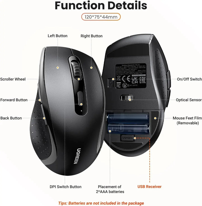 UGREEN 2.4G Wireless Mouse 1600 DPI 6 Button Nano Receiver 3 Adjustable DPI PC Laptop iMac MacBook Microsoft Pro (45012) Ugreen