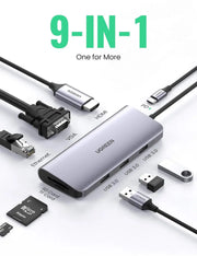 UGREEN 9-in-1 USB Type C Docking Station 4K HDMI VGA Gigabit Ethernet PD Charging 3 USB 3.0 SD Card MacBook Dell XPS (40873) Ugreen