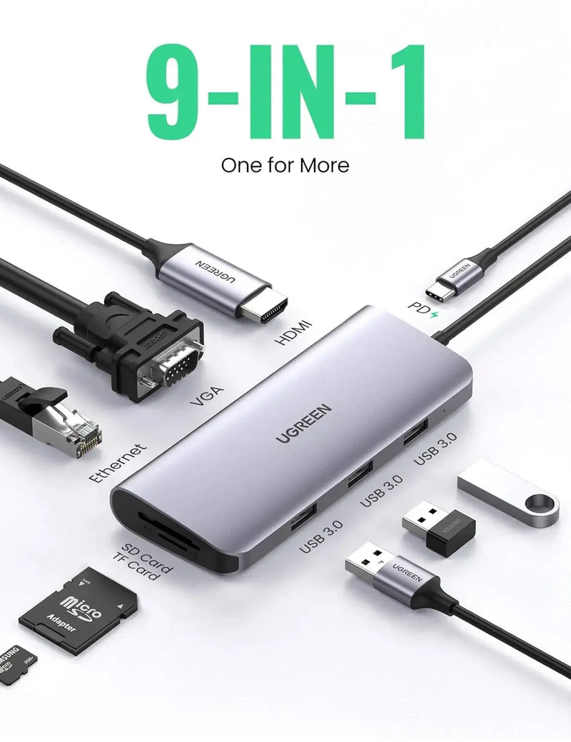 UGREEN 9-in-1 USB Type C Docking Station 4K HDMI VGA Gigabit Ethernet PD Charging 3 USB 3.0 SD Card MacBook Dell XPS (40873) Ugreen