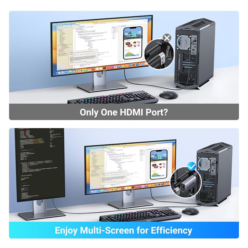 UGREEN 55935 DisplayPort to HDMI 4K adapter, 2-pack, used with a PC and monitor