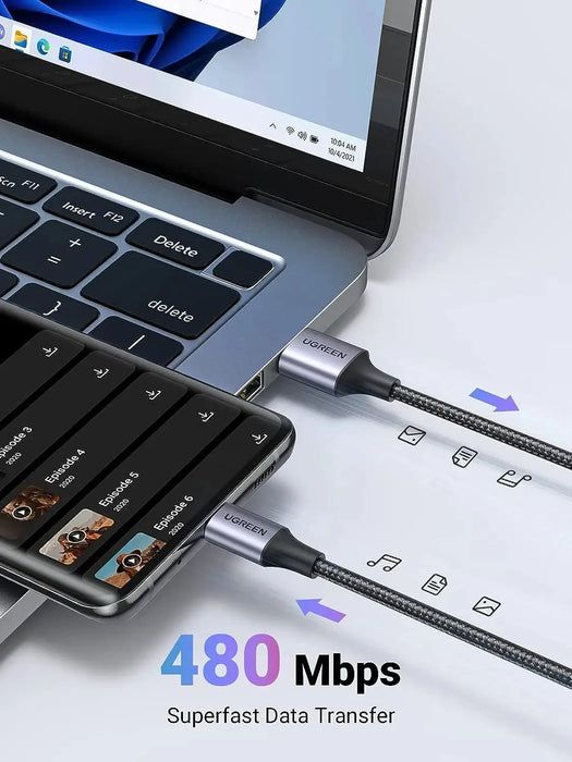 UGREEN 0.25M USB-A 2.0 to USB-C Cable Male to Male Nickel Plated Aluminum Shell Braided Charging Data Sync 60124 Ugreen