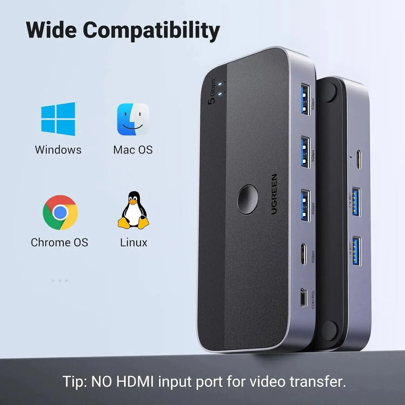 UGREEN USB 3.0 Switch 2 Computer Sharing USB C A Device 4 Port Switcher Keyboard Mouse Printer 2 USB3.0 Cable Remote (15705) Ugreen