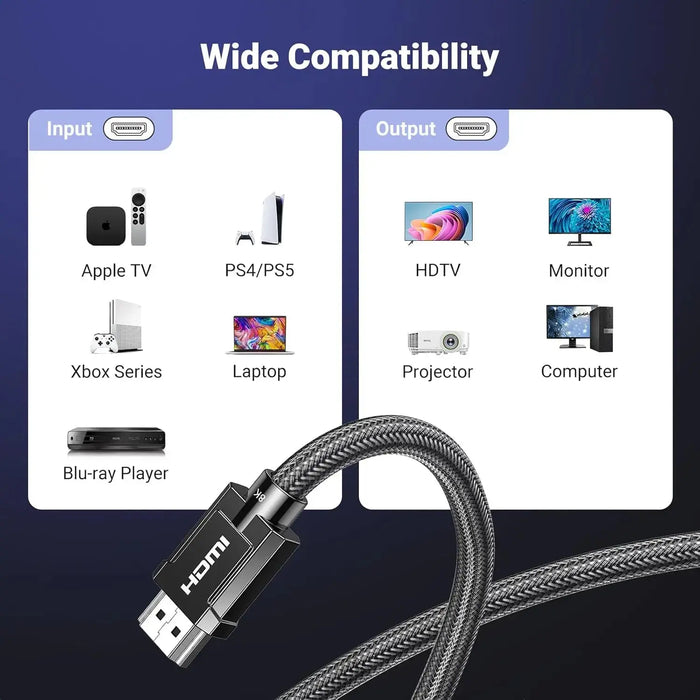 UGREEN HDMI 2.1 Cable 2M 8K@60Hz 4K@120Hz Ultra HD Braided Dynamic HDR eARC Dolby Vision PS5 Xbox Series X TV Monitor (70321) Ugreen