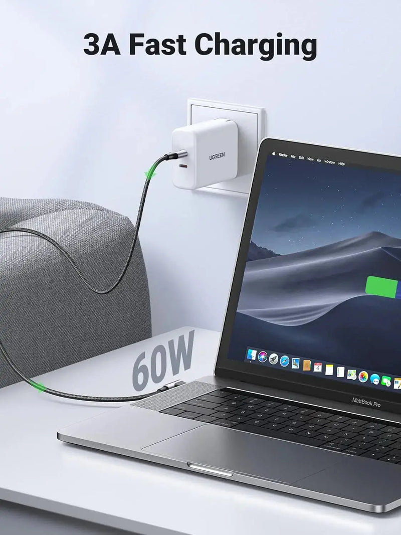 UGREEN 1M USB-C to Angled USB-C Cable 60W Round Cable Aluminum Shell Nickel Plated Nylon Braided Gray Black 50123 Ugreen