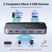UGREEN USB 3.0 Switch 2 Computer Sharing USB C A Device 4 Port Switcher Keyboard Mouse Printer 2 USB3.0 Cable Remote (15705) Ugreen