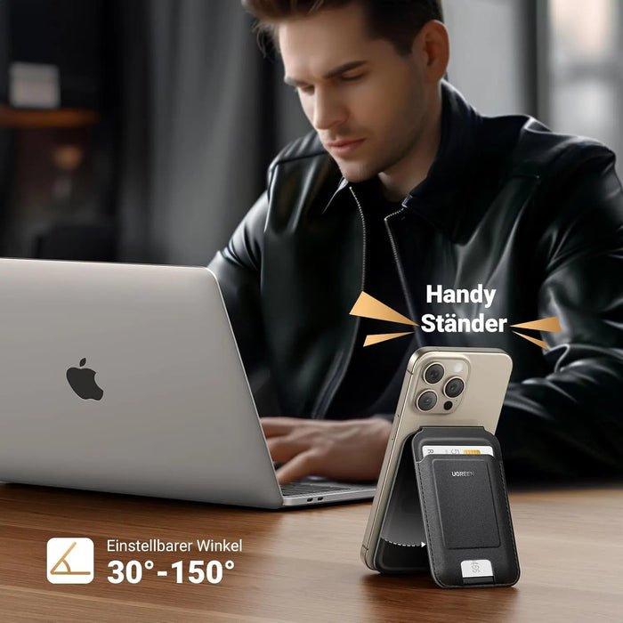 UGREEN Magnetic Phone Card Holder Leather Wallet Stand iPhone 15 14 13 12 Series Minimalist Not Mini Compatible Black (45165)