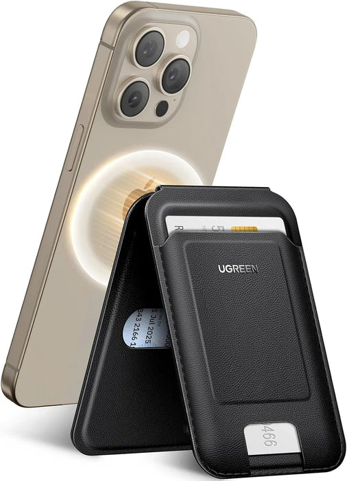 UGREEN Magnetic Phone Card Holder Leather Wallet Stand iPhone 15 14 13 12 Series Minimalist Not Mini Compatible Black (45165)