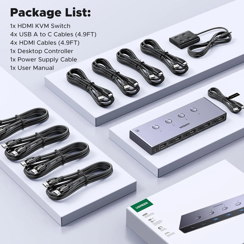 UGREEN 8K@60Hz HDMI KVM Switch for 4 Computers, HDMI 2.1, 4× USB 3.0 Ports (3× USB-A + 1× USB-C), Aluminum KVM, Desktop Controller, Includes 4 HDMI Cables + 4 USB Cables (55397) TeckPot