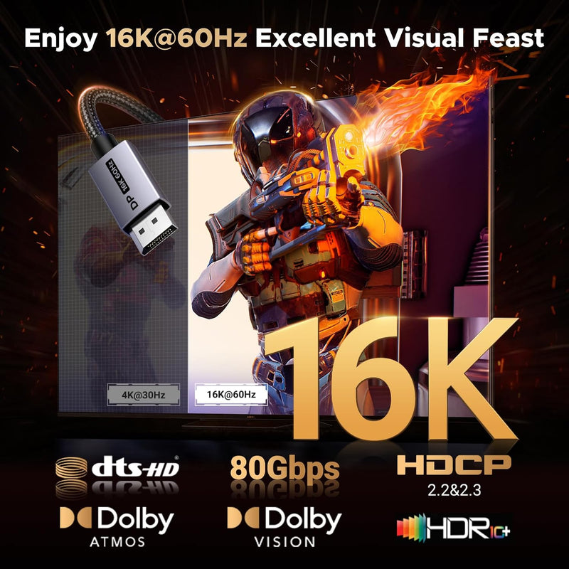 UGREEN 55568 2m DisplayPort 2.1 cable, 16K60 80Gbps, 16K 60Hz excellent visual feast