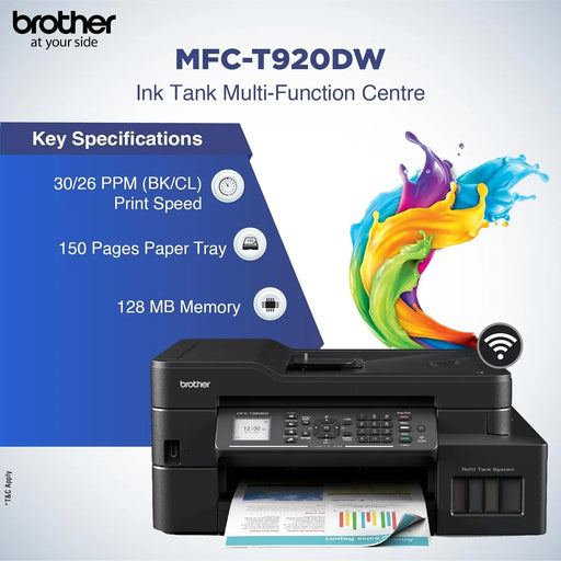 Brother MFC-T920DW Auto Duplex Printer - Print, Scan, Copy, Fax, ADF, WiFi/LAN/USB, Print Up to 15K Pages in Black and 5K in Color Each for (CMY) - TeckPot