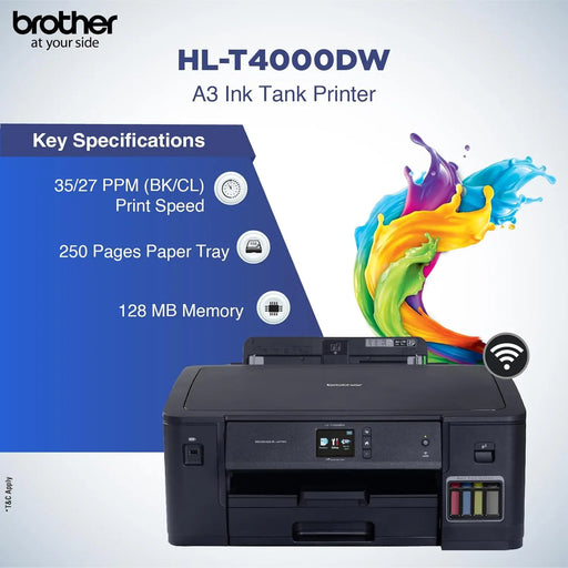 Brother HL-T4000DW A3 Inktank Refill Colour Printer with Wi-Fi and Auto Duplex Printing, Black - TeckPot
