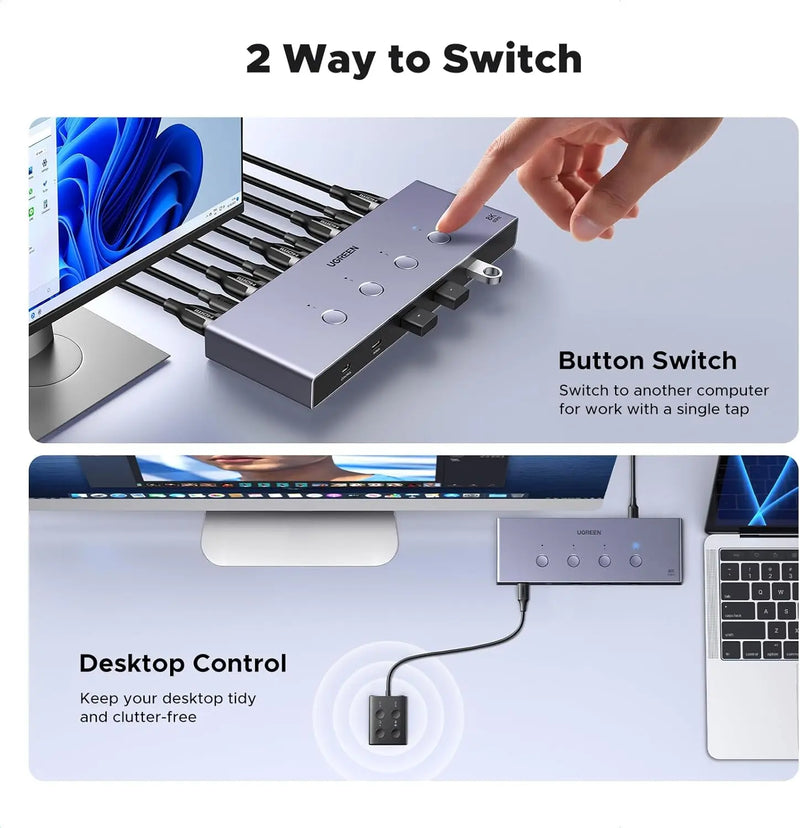 UGREEN 8K@60Hz HDMI KVM Switch for 4 Computers, HDMI 2.1, 4× USB 3.0 Ports (3× USB-A + 1× USB-C), Aluminum KVM, Desktop Controller, Includes 4 HDMI Cables + 4 USB Cables (55397) TeckPot