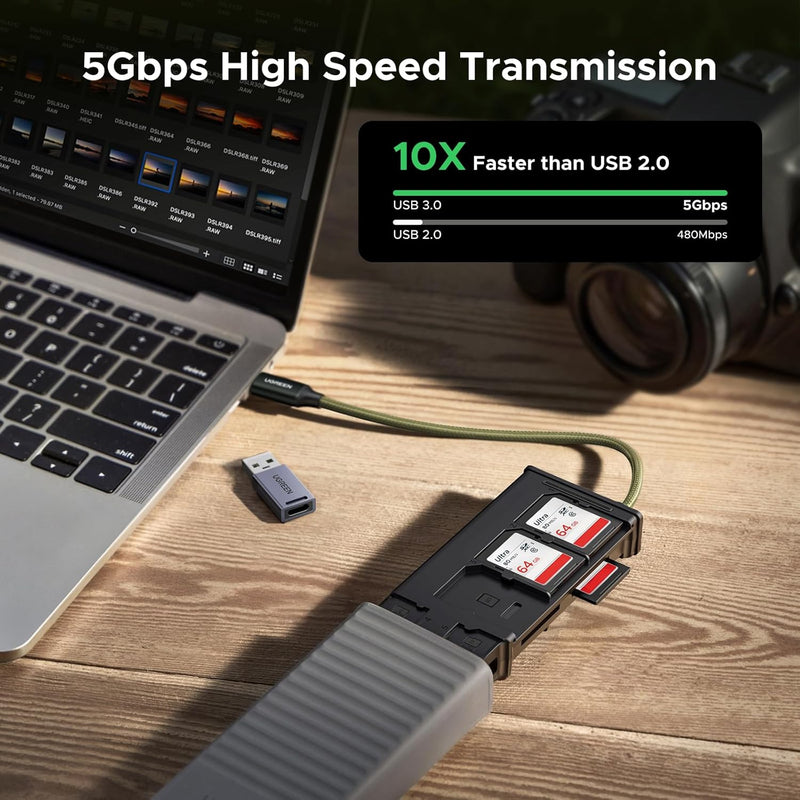 UGREEN 55899 USB-C/USB-A 3-slot card reader with 11-card case 5Gbps high-speed transmission