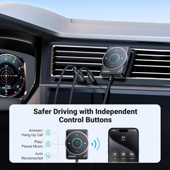 UGREEN Bluetooth 5.4 AUX Car Adapter Enhanced Connection Noise Cancellation Receiver Nylon Cable Car Music Hands-Free (35002)
