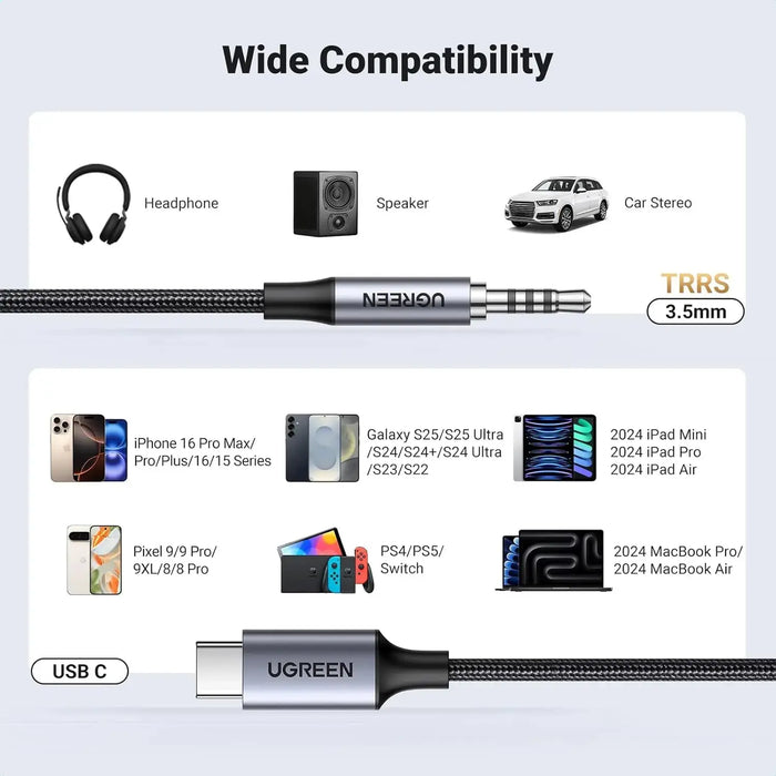 UGREEN USB C to 3.5mm Audio Cable 1M Type-C AUX Headphone Car Stereo Adapter Mic HiFi iPhone 16 15 Galaxy S25 iPad (35056) Ugreen