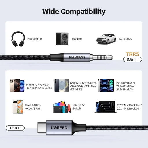 UGREEN USB C to 3.5mm Audio Cable 1M Type-C AUX Headphone Car Stereo Adapter Mic HiFi iPhone 16 15 Galaxy S25 iPad (35056) Ugreen