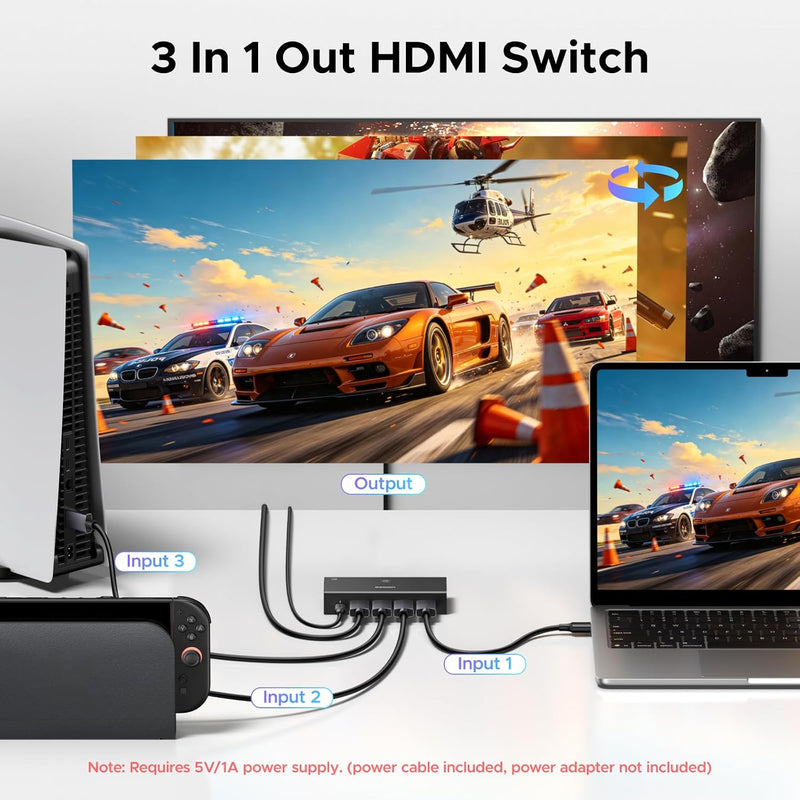 UGREEN 95521 HDMI 2.1 3-in-1-out switch, 8K60 4K240, 3 in 1 out HDMI switch setup