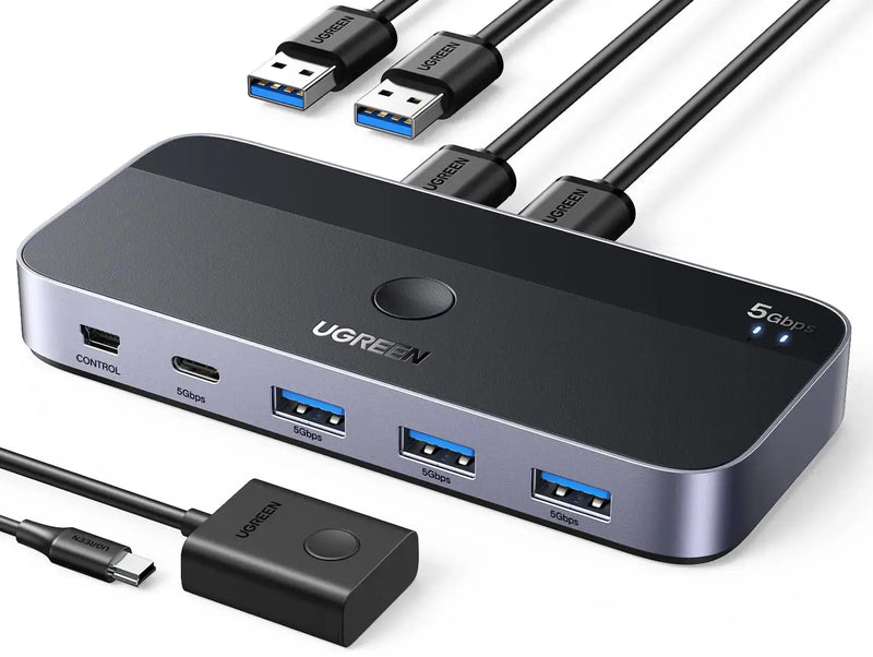 UGREEN USB 3.0 Switch 2 Computer Sharing USB C A Device 4 Port Switcher Keyboard Mouse Printer 2 USB3.0 Cable Remote (15705) Ugreen